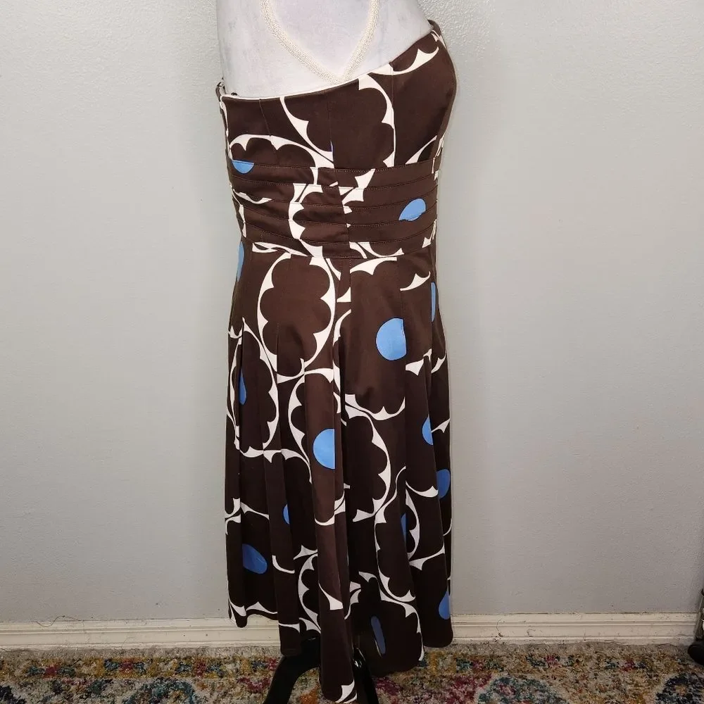 VTG Kay Unger Brown & Blue Polka Dot Strapless Fit & Flare Pleated Hem Dress 12 - Picture 7 of 15